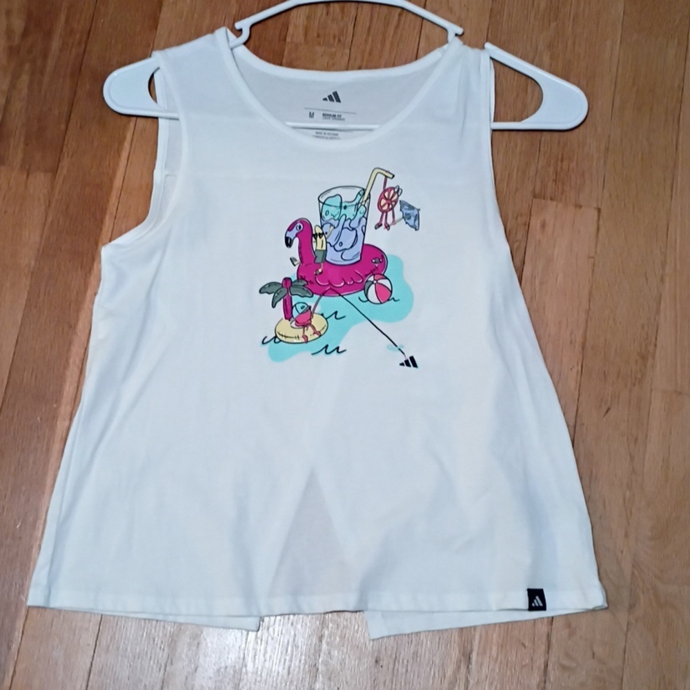 Adidas Kids White Tank Top with Fun Flamingo Graphic Girls Size Medium Nwt 10-12